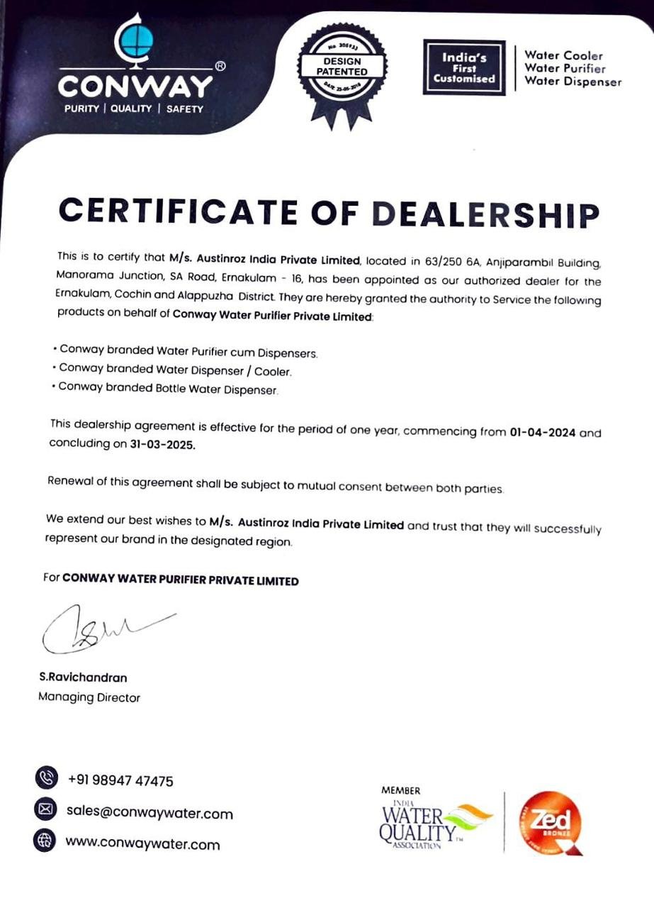 austinroz water purifier certificate of dealership